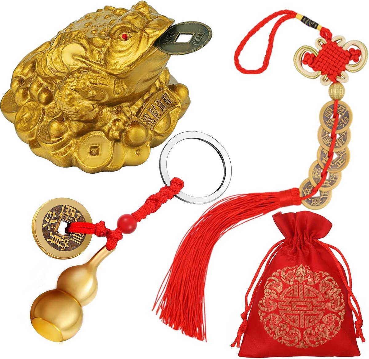 3 Stuks Feng Shui Geld Kikker Chinese Knoop Lucky Munten Feng Shui Messing Wu Lou met Munten Sleutelhanger voor Levensduur Reizen Veilig Rijkdom Succes en Veel Luck met 1 Zegen Card en 1 Rode Zegen Tas