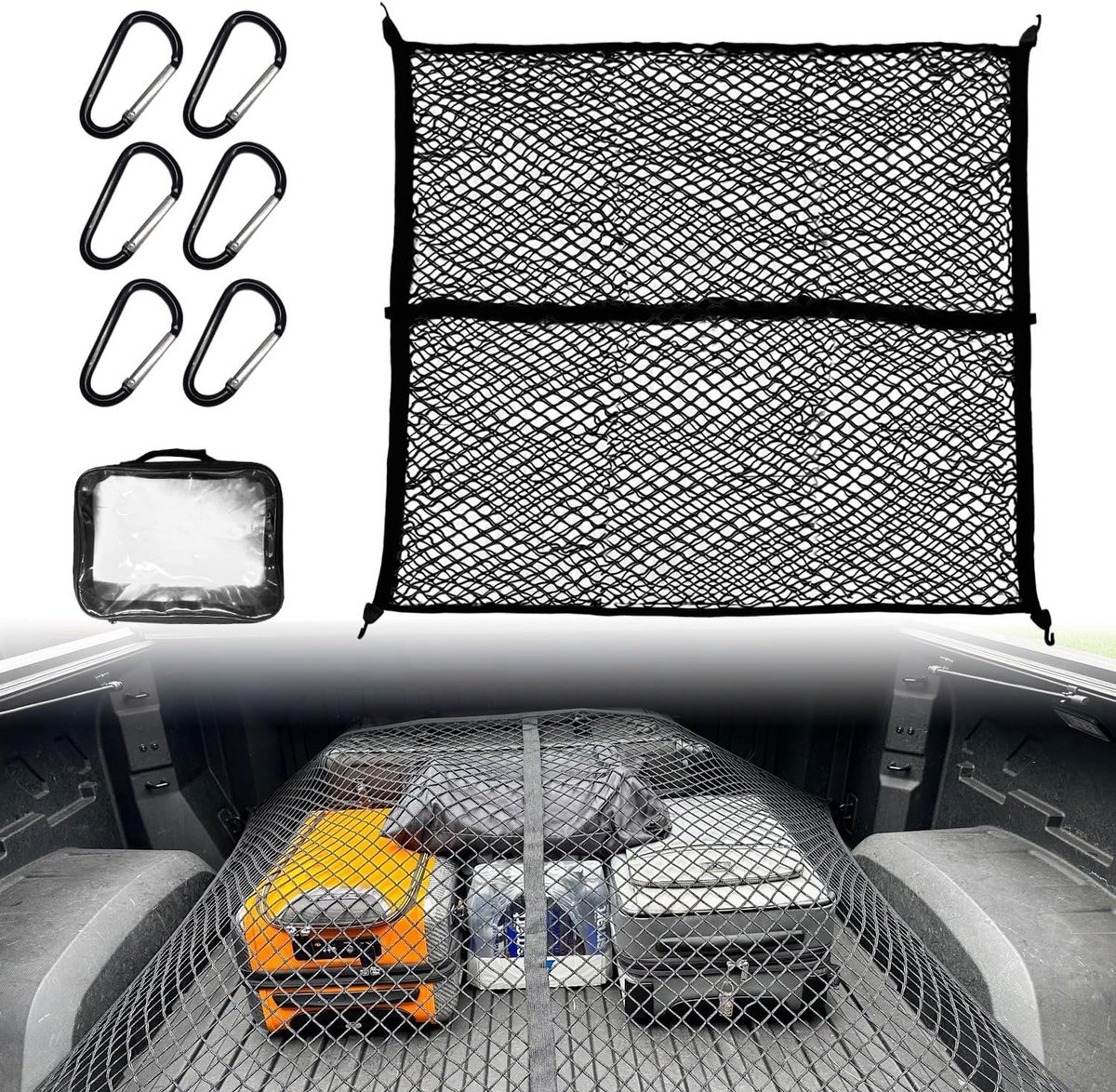 120 x 120 cm, zeer elastisch kofferbaknet, uitstrekt zich uit tot 210 x 210 cm, autonet met 4 robuuste haken, voor pick-up, vrachtwagen, dubbellaags
