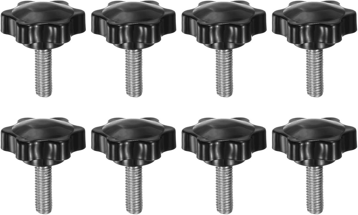 8 stuks sterknoppen M8 x 25 mm schroefdraad van roestvrij staal 304, 38 mm gekartelde knop met 6 sterren gekartelde kopschroef kunststof handgreep, zwart