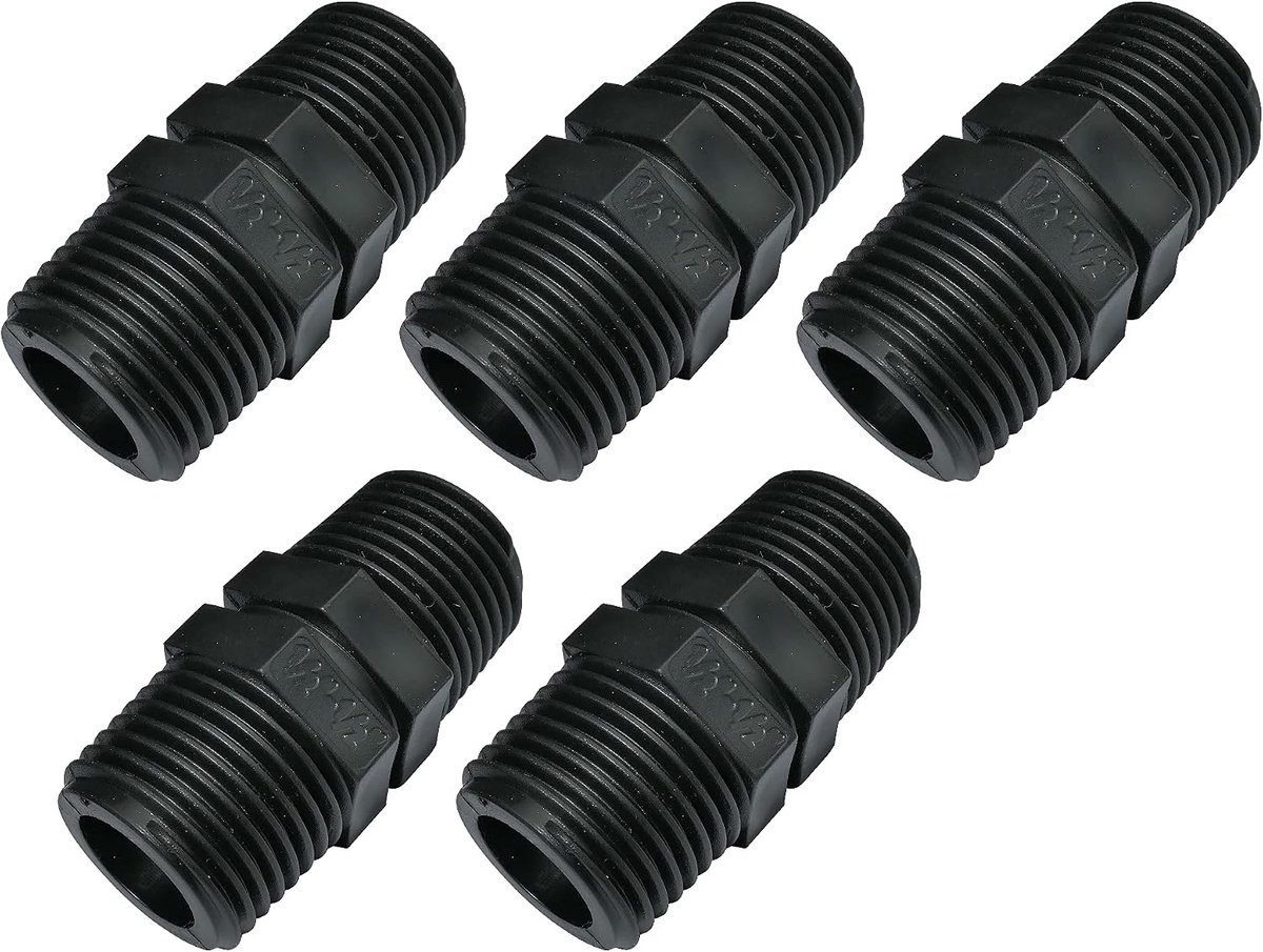 - C51973 - Set van 5 - Gelijke nippel met kunststof schroefdraadaansluiting - dubbele buiten-/buitendraad - 1/2"x1/2'' - PN10 staven - Knelfittingen schroefaansluiting