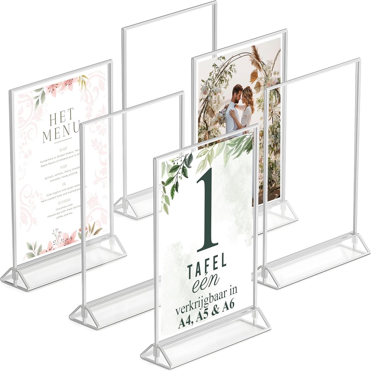 Products Zilveren fotolijsten, dubbelzijdig A5 - 6 stuks - acryl zilveren tafelnummerhouders, transparante ezeltafelstandaards voor borden, menuhouder, fotolijst
