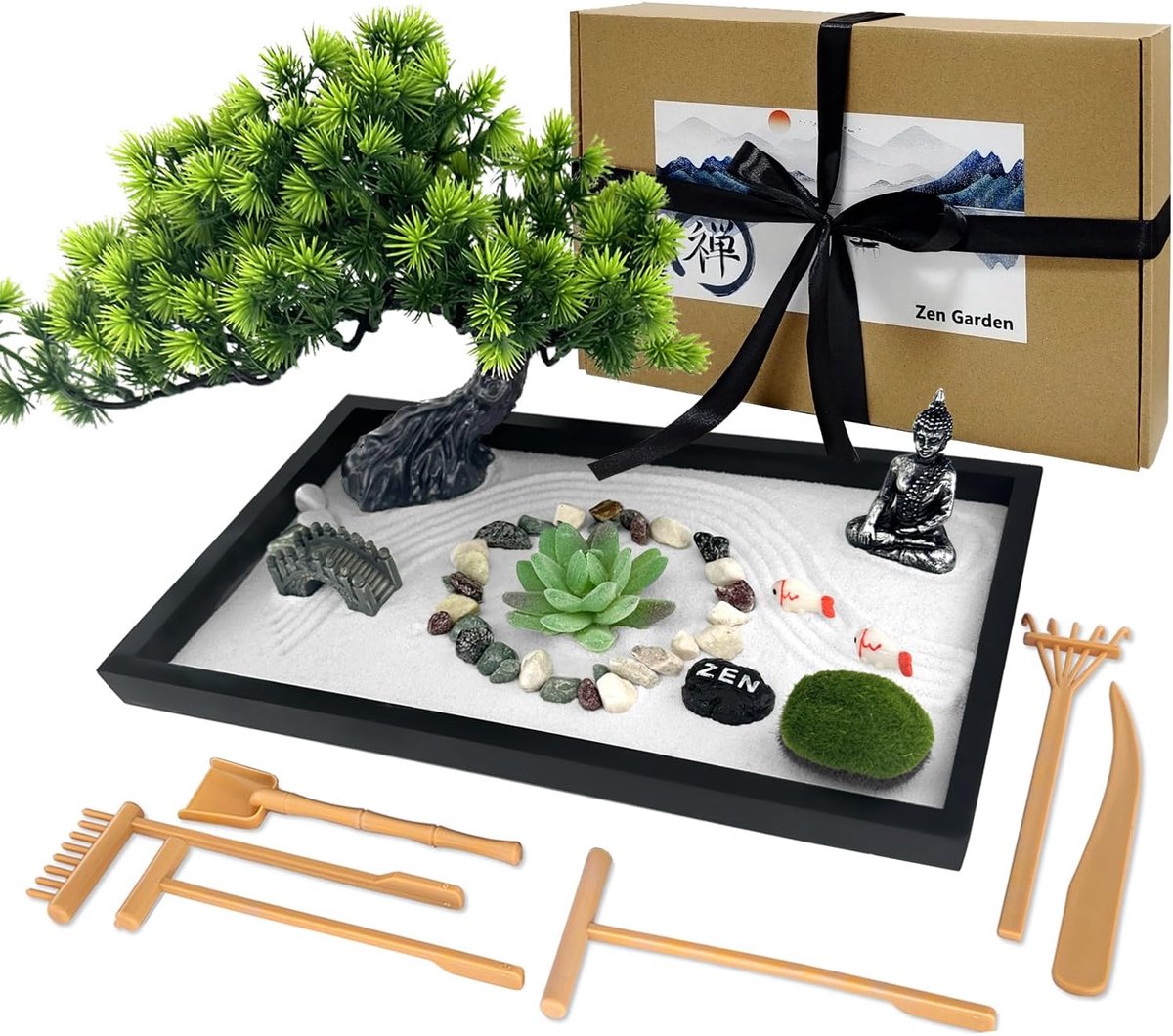 zentuin, Zen Garden Kit, Mini Home Decoratie, Meditatie Geschenkset, Boeddha Kaarsenhouder Wierookhouder voor Meditatie, Ontspanning en Cadeau