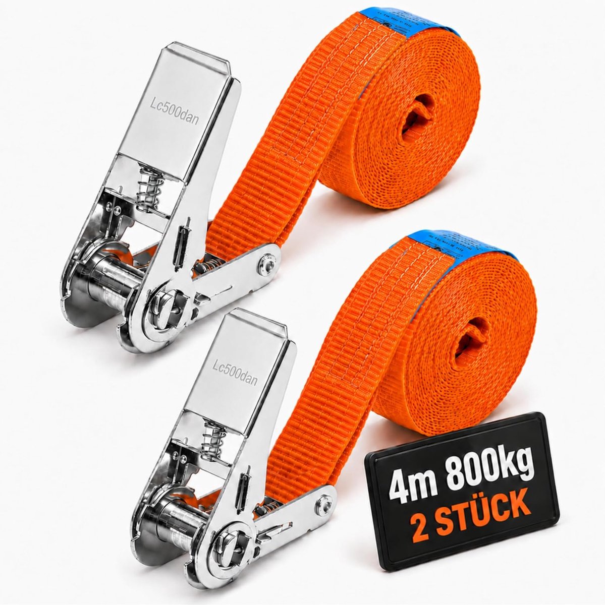 Spanband met ratel (4m/6m) - 800kg 25mm - 1-delig spanbanden zonder haken - voor motorfiets, aanhangwagen, bagage en fiets (Oranje, 4m (2 Stuks))