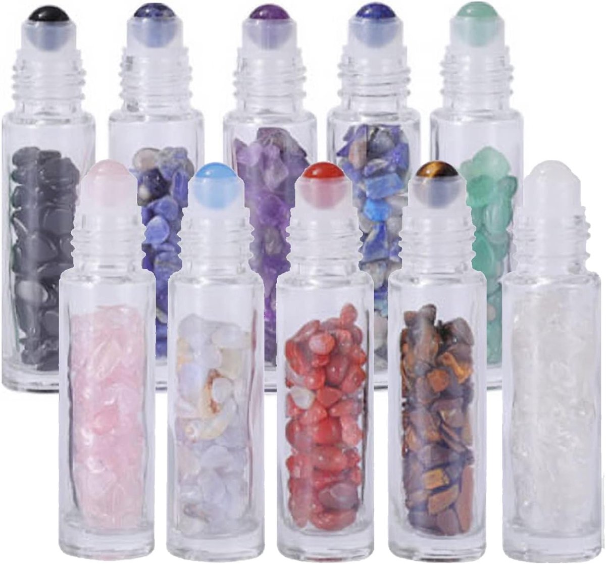 10Stuks 10ml Edelsteen Essentiële Oliën Flessen, Glas geur-cosmetische draagflessen met Edelstenen Roller en Kristallen Chips, ideale container Sample Flesjes voor Aromatherapie Parfum Lipolie