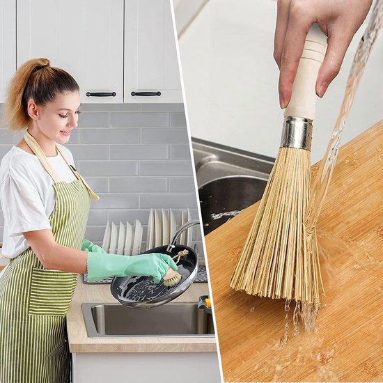 4 stuks wokborstels bamboe set, paddenstoelborstel, bamboe wok met koordborstel voor het reinigen van potten, pannen, borden en bestek met 4 haken (twee stijlen) — afbeelding 5