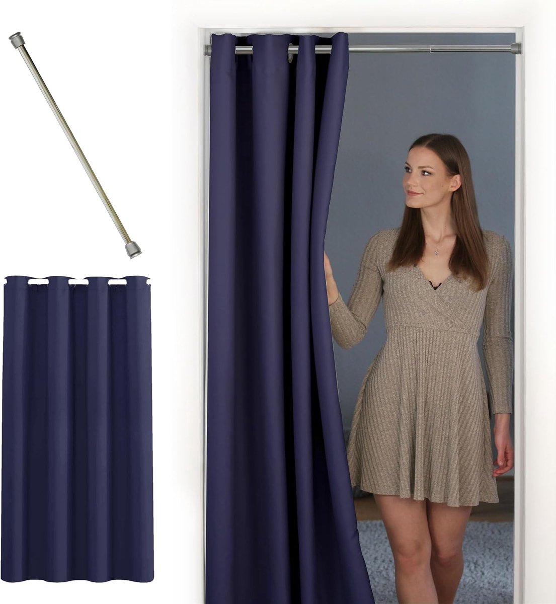 gordijn met telescopische staaf, gemakkelijk te monteren in slechts 1 minuut zonder te hoeven boren (firana deur 195 x 150 cm + stang 70-120 cm, donkerblauwe deur gordijn + zilveren stang)