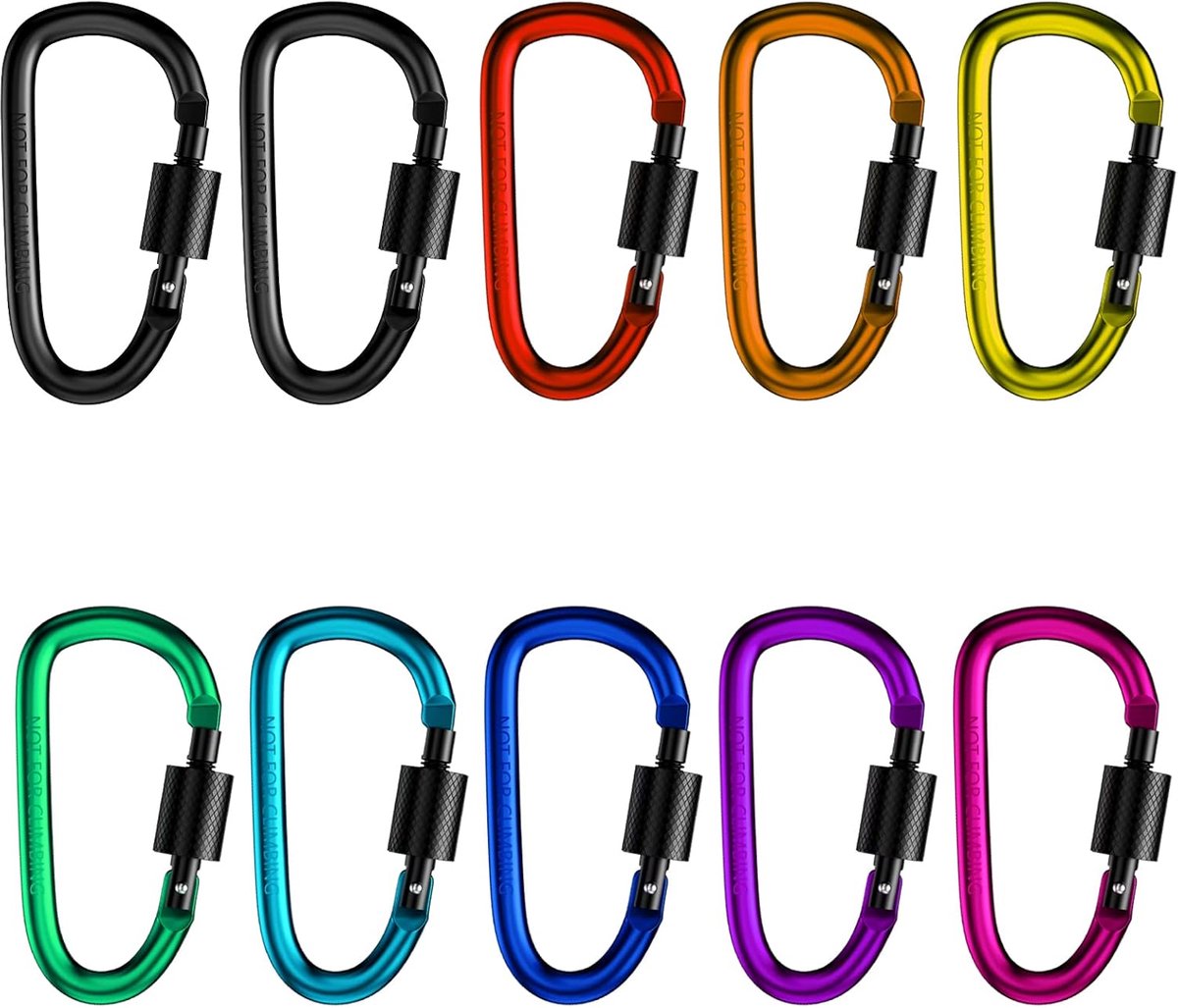 10 stuks kleurrijke karabijnhaken, D-clip, aluminium, ultralichte karabijnhaken, sleutelhanger met schroefsluiting voor campingrugzak, waterkoker, tent, touw, vissen, wandelen of reizen