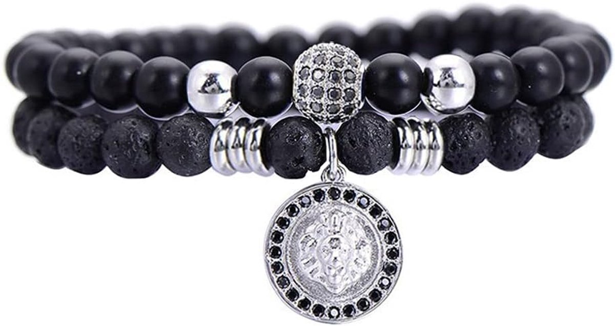 armband van vulkaansteen met leeuwenkop en natuurstenen kralen voor heren van roestvrij staal I armband verstelbaar met leeuw en parels armbanden mannen sieraden, Eén maat