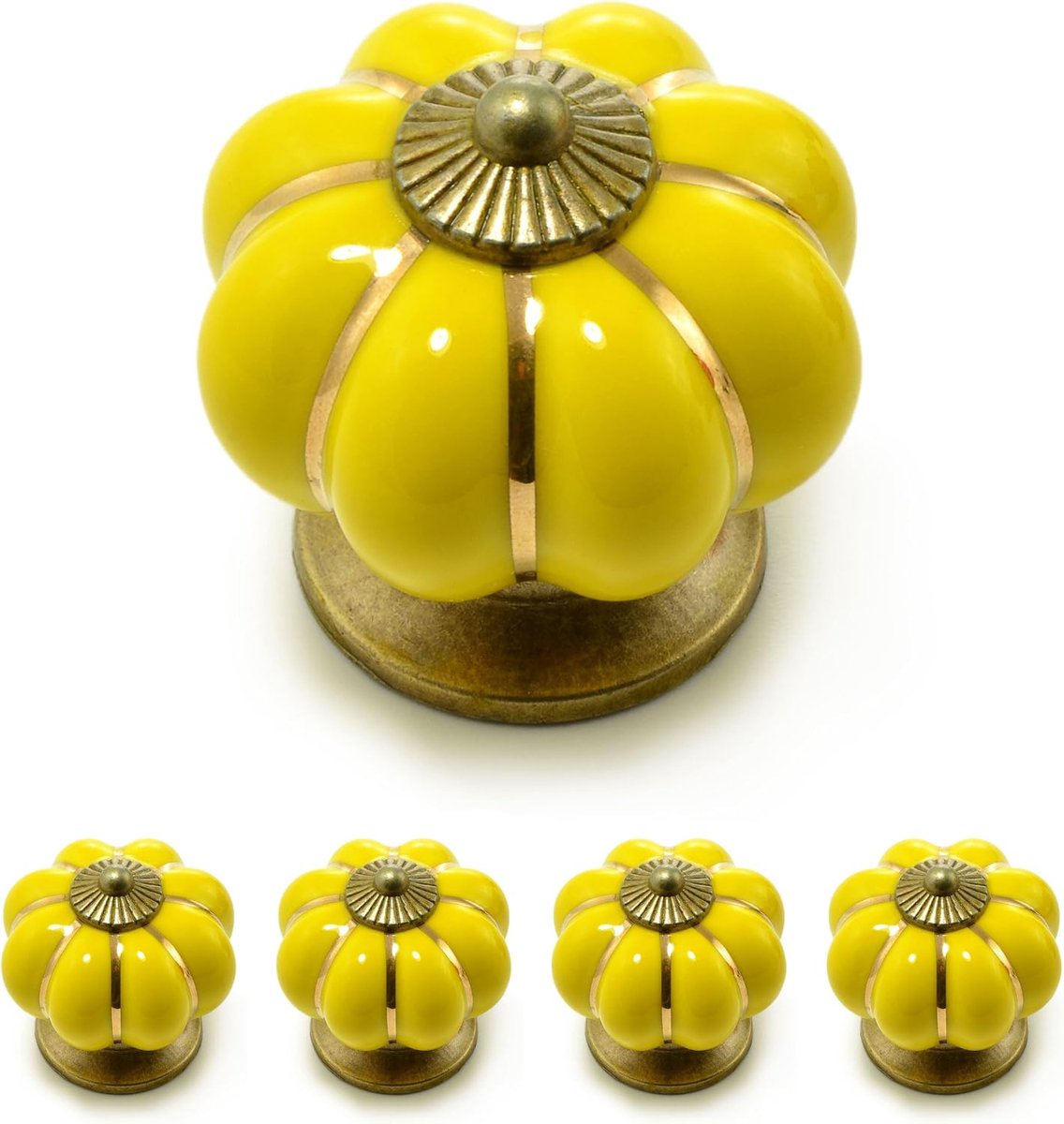 meubelgreep in knopvorm kroon, porselein met antiek bronzen versiering, geel, set van 4, 38mm diameter en 38mm diep, voor lades, kasten, keukenfronten en commodes, bevestiging tot 18mm