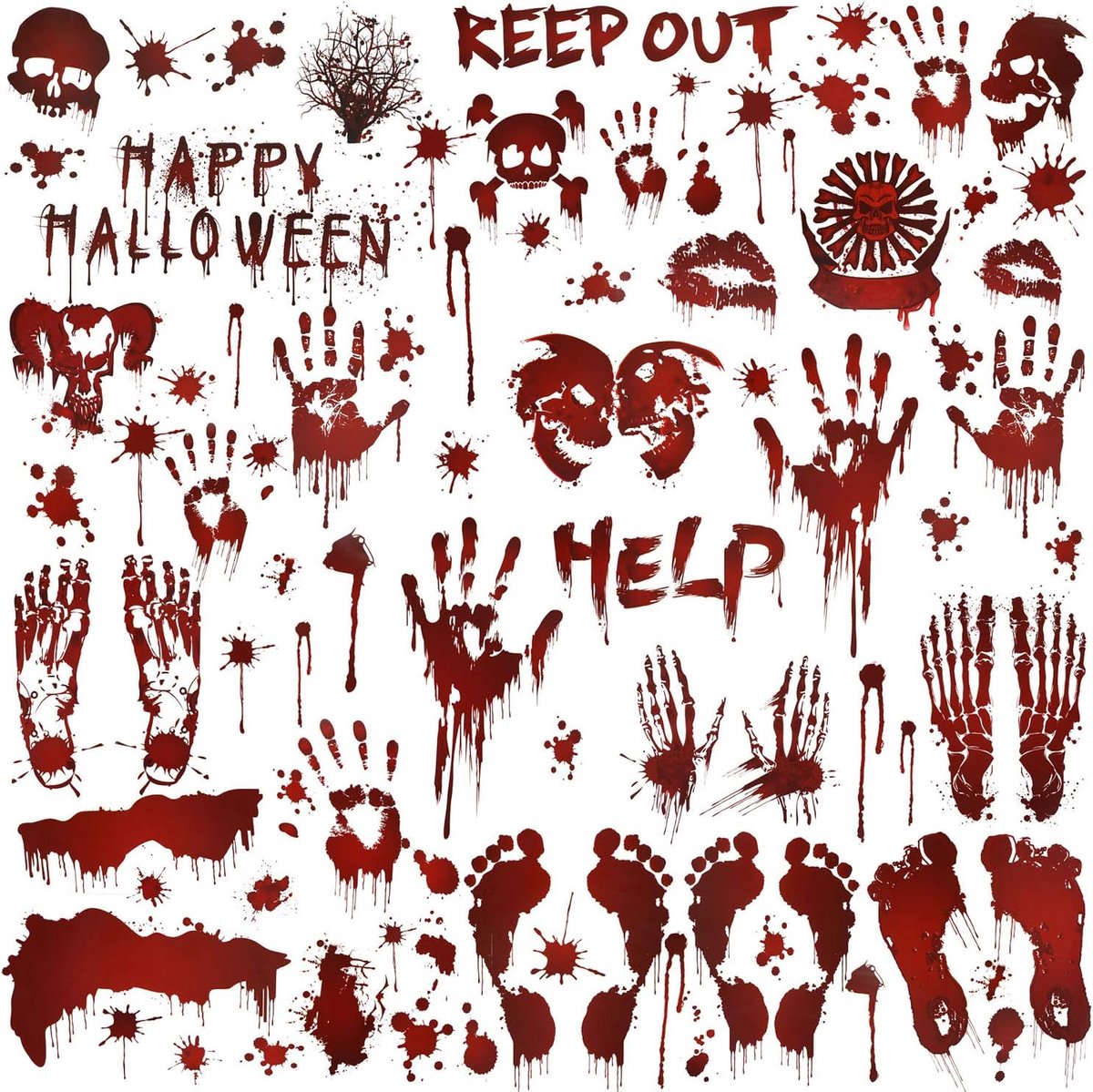 80+stks Griezelige Bloedige Handen Raamstickers Voetafdruk Venster Klampt zich vast met Bloed Splatter Spookhuizen Decoraties