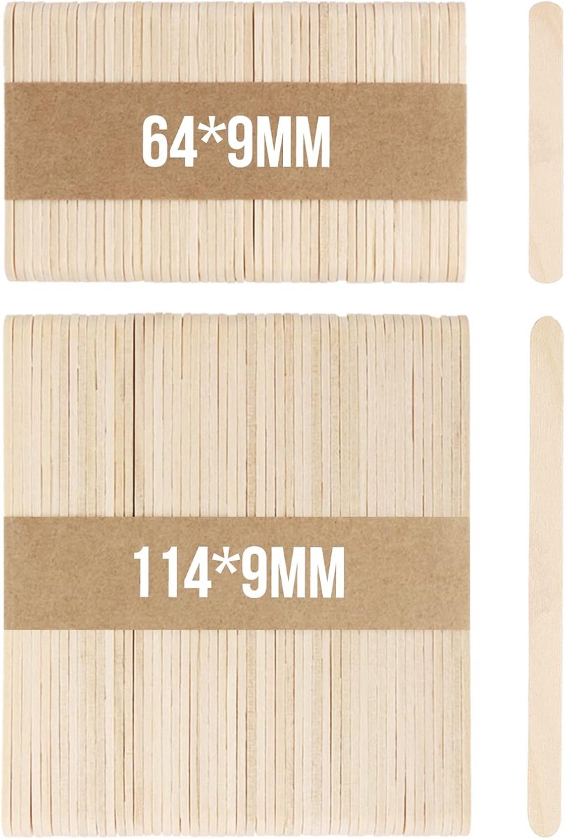 Houten stokjes, ijsstokjes, combinatie van twee maten van elk 50 - 114 mm x 9 mm x 2 mm, 64 mm x 9 mm x 2 mm, berkenbasiskleur - houten ijsstokjes doe-het-zelf