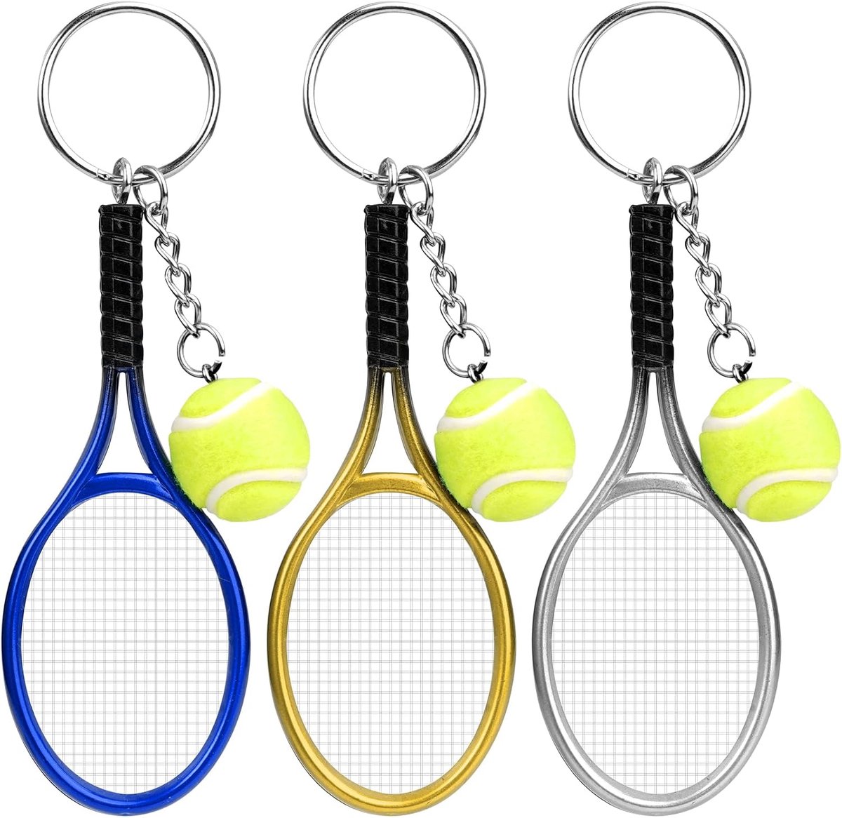 sleutelhanger, tennis, sleutelhanger, sportsleutelhanger | mini-tennisbal, voor heren, dames, meisjes, sportliefhebbers, cadeau, creatieve sleutelhanger (3 stuks), Goud, zilver, blauw