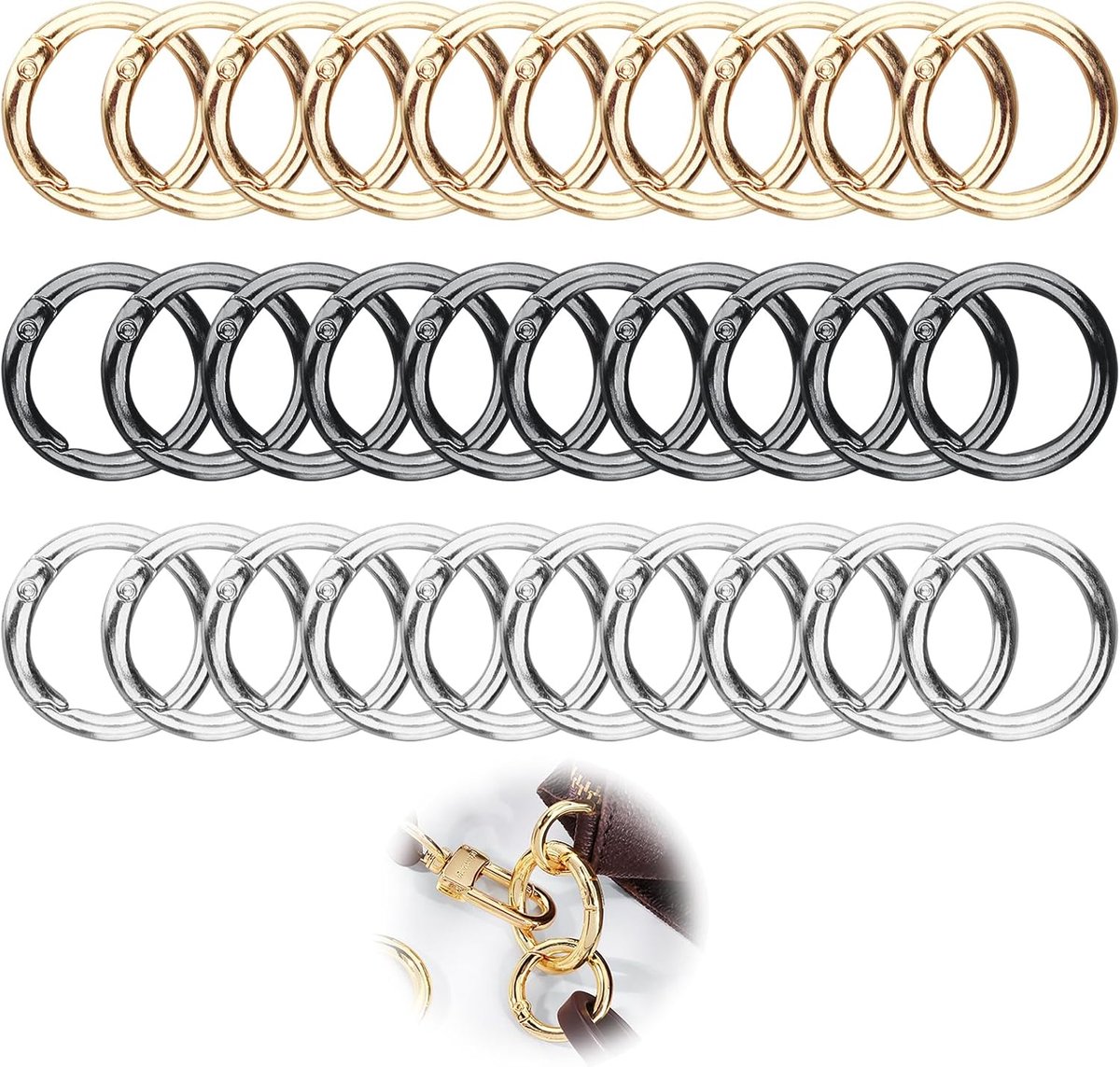 Karabijnhaken van zinklegering, in 3 kleuren, diameter 28 mm, ideaal voor sleutelhangers, tassen en meer