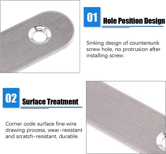 35-delige 4,1 cm/ 6,1 cm/ 10,2 cm roestvrijstalen platte rechte haakbeugels voor montage en reparatie, inclusief 80 stuks schroeven, totaal 115 stuks, zilver — afbeelding 2