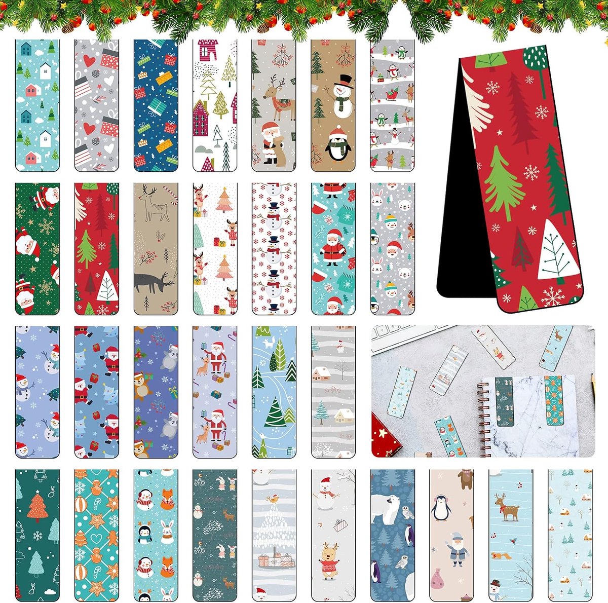 Boekenleggers voor Kerstmis, kleurrijke, schattige bladwijzerset voor studenten, school, thuis, lezen, kantoor (A)