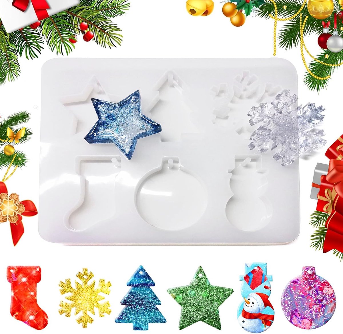 1 Stuk Siliconen Vormen, Kerst Hars Mallen Siliconen Gietvormen voor Sieraden, Harsvormen Hanger Mold Epoxy Hars Mallen voor Epoxyhars Doe-Het-Zelf Kerstboom Ornamenten Silicone Molds