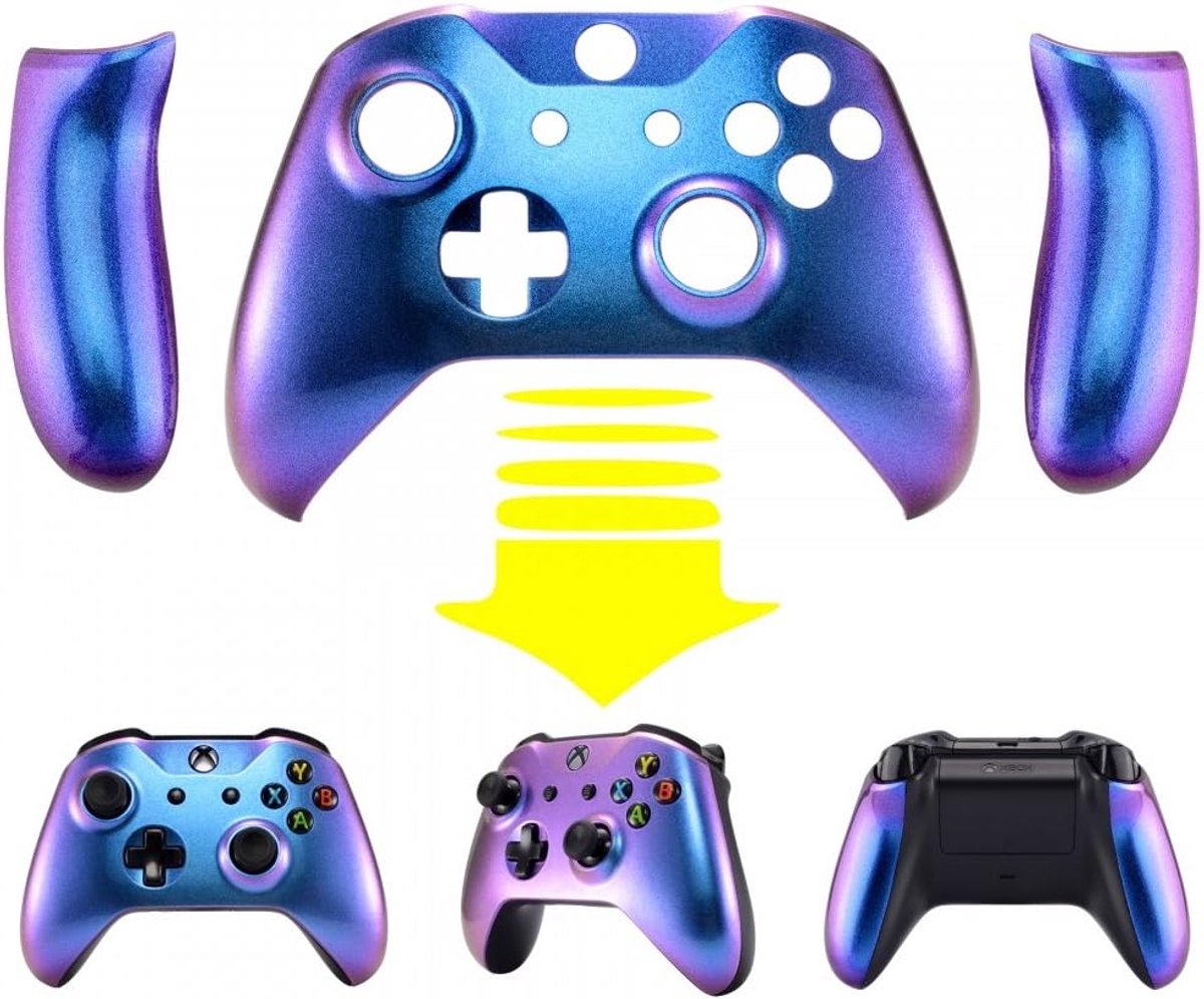 eXtremeRate Kameleon Paars Blauw Bovenkant Shell Frontbehuizing Frontplaat Vervangende Onderdelen met Zijrailspaneel voor Xbox One X & One S Controller (model 1708)