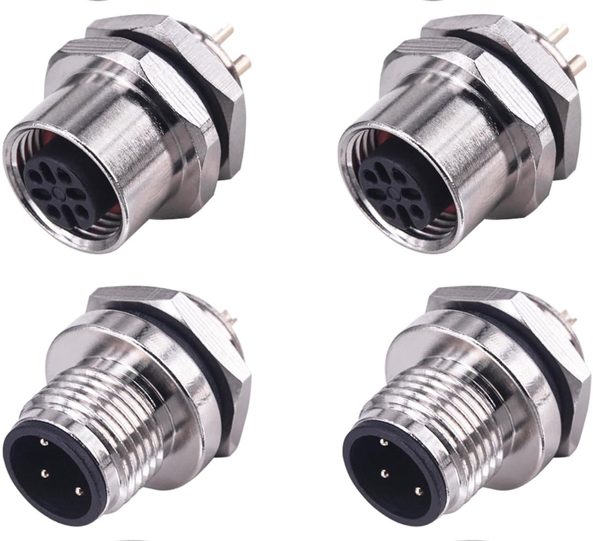 4 stuks M12-stekkers en A-gecodeerde stopcontacten, 4-polig, M12 inbouwstopcontact en montageconnector voor paneelmontage, IP67 waterdichte sensoraansluiting, soldeeraansluiting voor