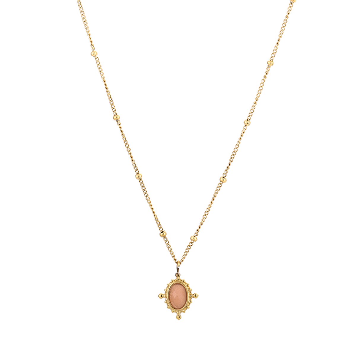 Boho Satellite Bead Chain Oval Turquoise Gemstone Pendant Necklace – Natuursteen Ketting BOHO – RVS - Beige