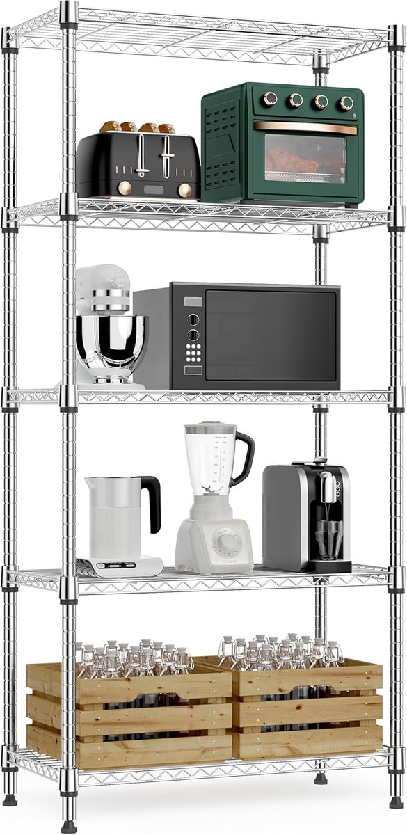 SnelShoppen - Metalen Stellingkast met Verstelbare Planken, 5-Laags Opbergrek voor Garage, Berging, Wasruimte en Keuken, Vrijstaand Draadrek 30x60x151
