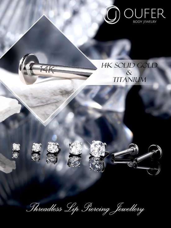 Body Piercing Threadless Labret Piercing Jewellery 14K White Gold Lip Piercing Stud Push in Helix Tragus Lobe Earring Piercing Bar — afbeelding 4
