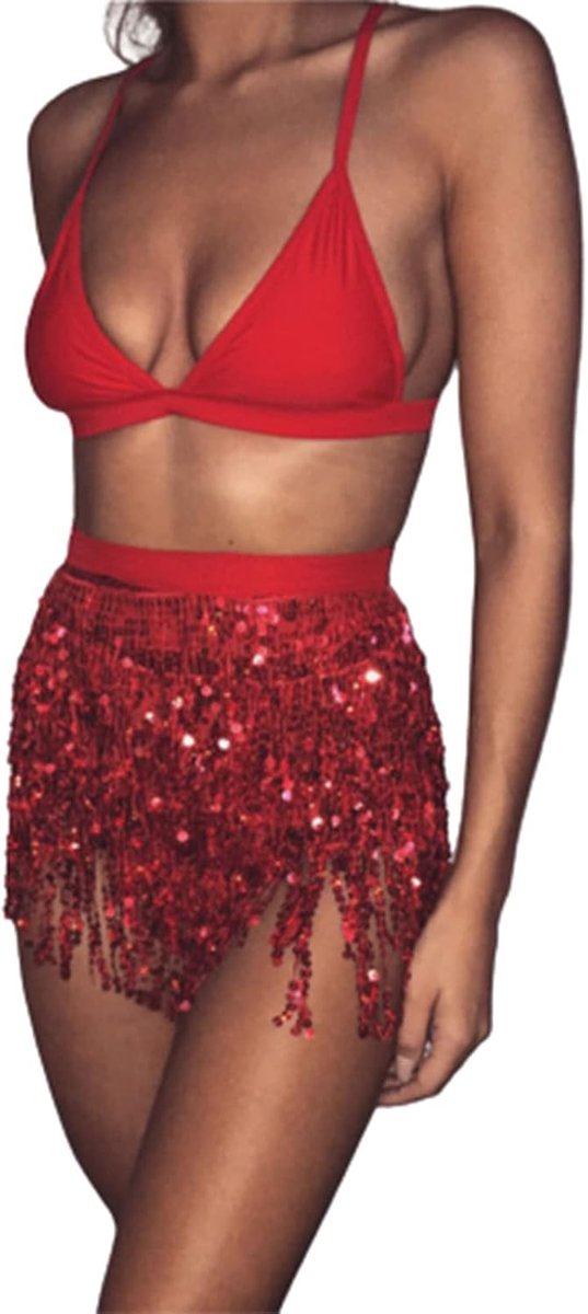 buikdanskostuum voor dames, franjes, pailletten, rok, heup en kwast, glitter, wrap carnavalskostuum (rood)