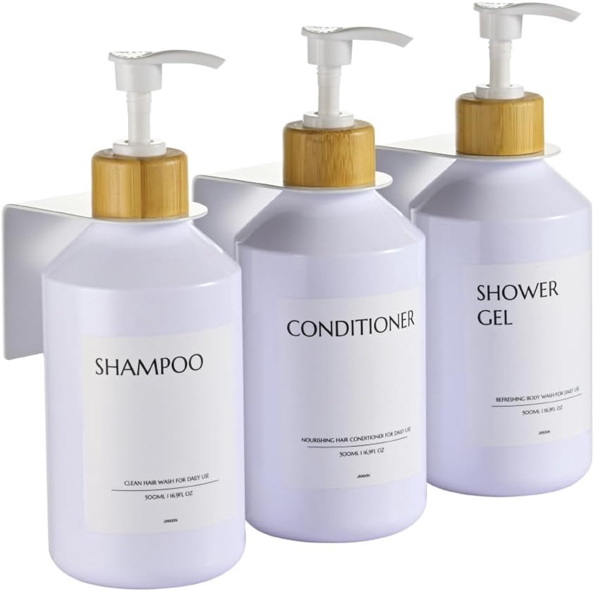 3 stuks zeepdispensers, wandmontage, 500 ml, muur zonder boren, zeepdispenser wit, wasmiddeldispenser voor keuken en badkamer (Witte fles + bamboe kop)