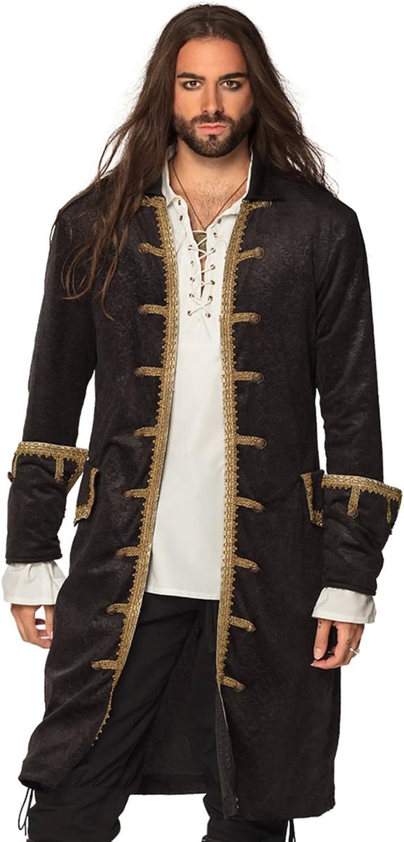 - Piratenjas voor heren, zwart en goud, jas voor heren, boekanier, kaper, kostuum, carnaval, themafeest