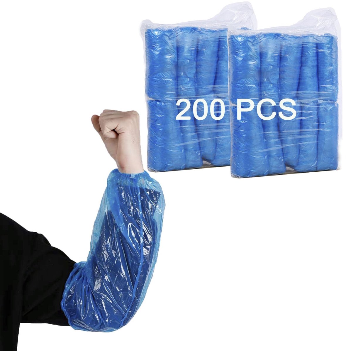 Wegwerphoezen voor armen, 200 stuks wegwerp-armwarmers voor schilderen, repareren, reinigen, tatoeëren, douchen - armwarmers van kunststof met elastiek om de pols (100 paar, blauw)