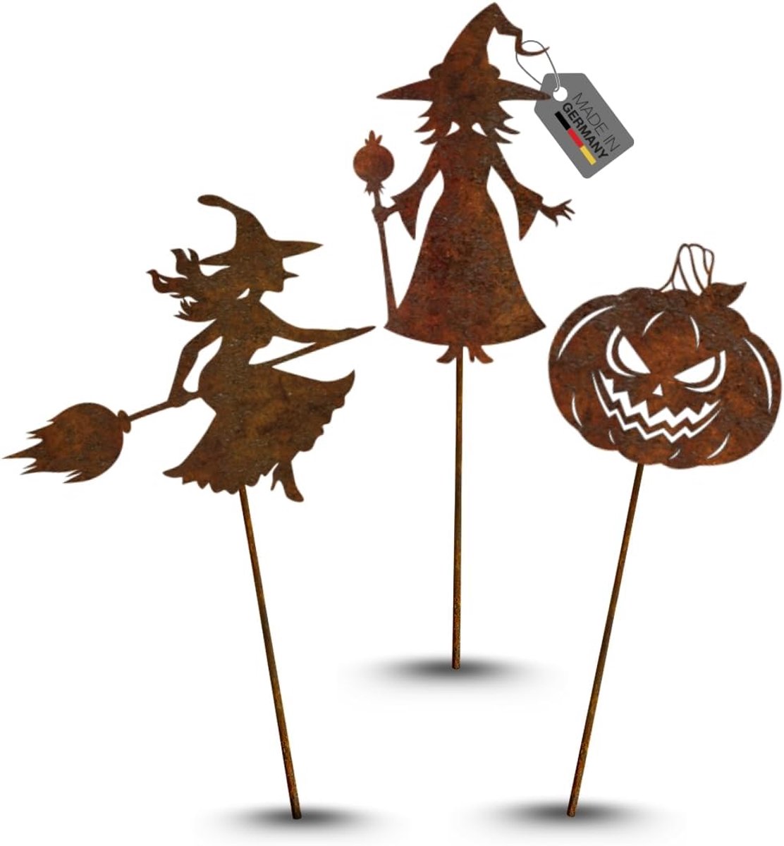 roestvrijstalen design roestfiguur tuinsteker set van 3 Halloween heksen met pompoen en spies 40-45 cm geweldige tuindecoratie van roestmetaal, decoratie roestlook, roestfiguren