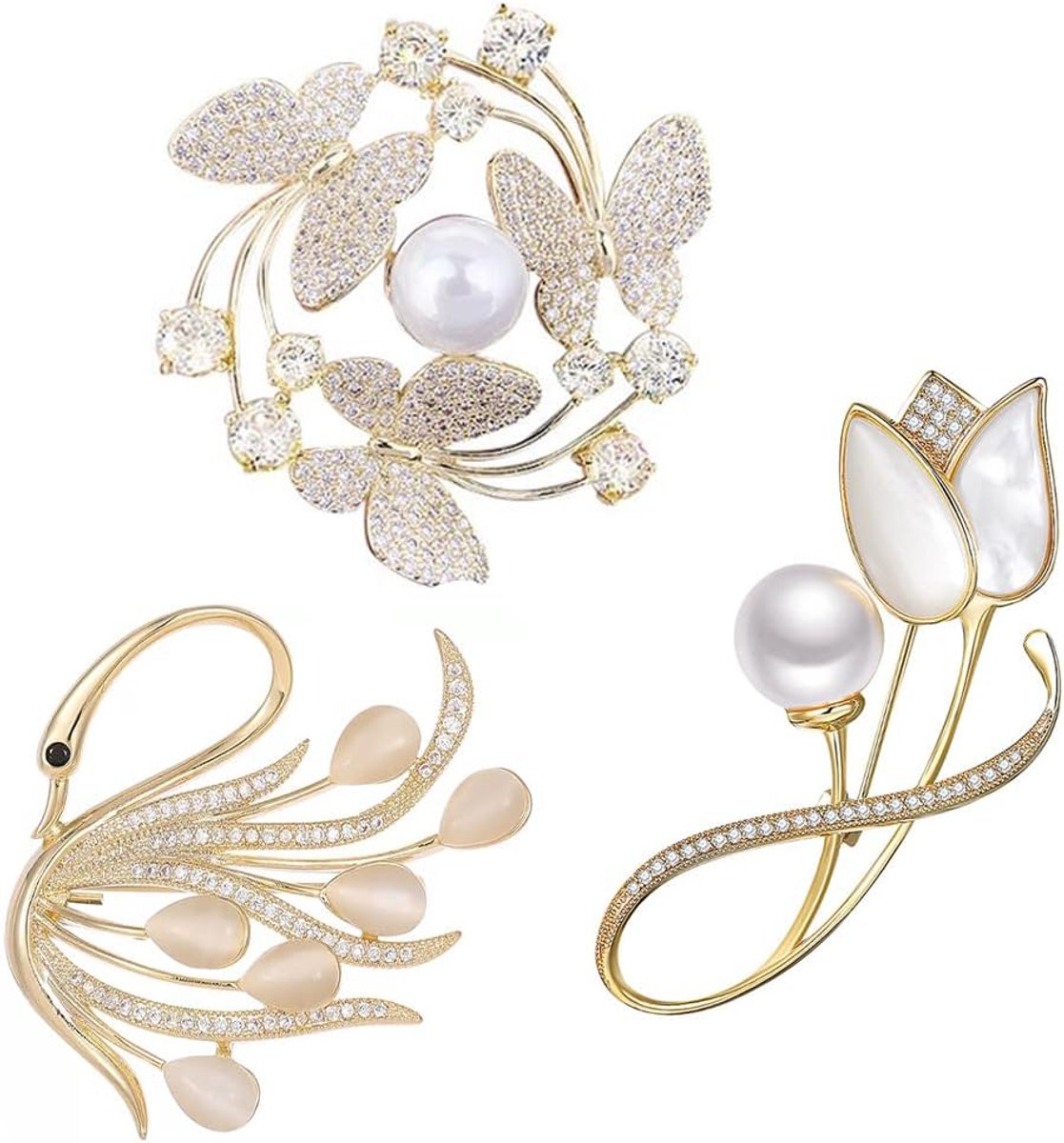 broche met strik, 3 stuks, kunstparels, legering, strik, broche voor dames, sieraden, kleine broche voor vaste kleding, voor feestjes, om wegglijden van kleding te voorkomen (goud),