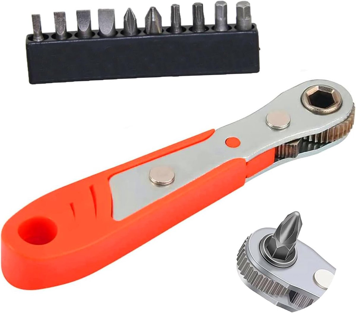 11 Stks 1/4 "Mini Ratelsleutel Ratcheting Offset Schroevendraaier Hoge Koppel Offset Omkeerbare Magnetische Schroevendraaier met Phillips Slotted Hexagon Schroevendraaier Bits