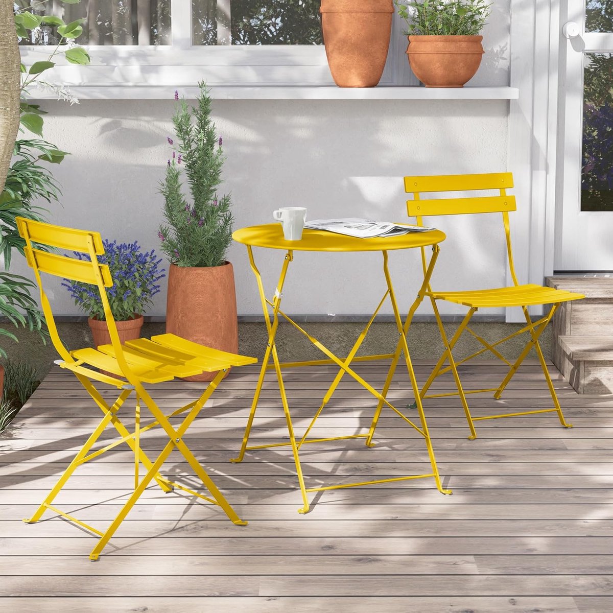 patio Bistro Set van 3 tuinmeubelen, zitgroep, 2 stoelen en 1 tafel, premium staal, inklapbaar, balkonset voor binnenplaats, tuin, buiten (geel)