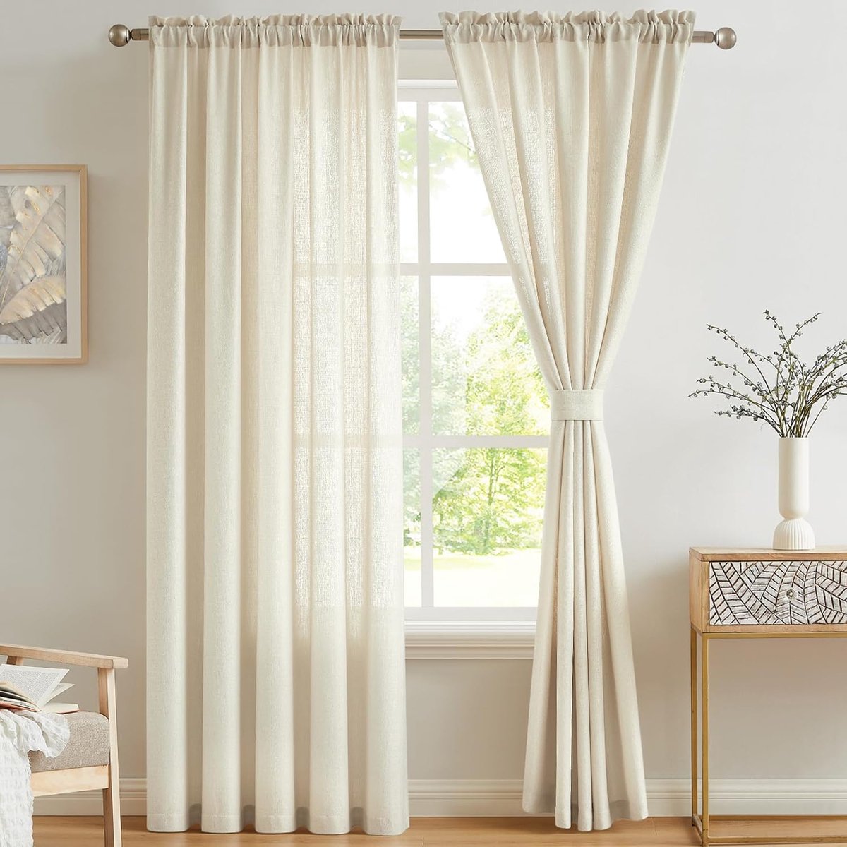 Panelen Faux Linnen Voile Net Gordijnen Semi Sheer Rod Pocket Gordijnen voor Slaapkamer, Woonkamer, Venster - Beige, 140 x 225 cm lang