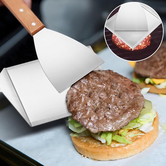 2 stuks grote roestvrijstalen grillspatel set - houten handvat - Plancha spatel en grillspatel voor smash burger, teppanyaki, BBQ-accessoires, grillgeschenken voor mannen — afbeelding 4