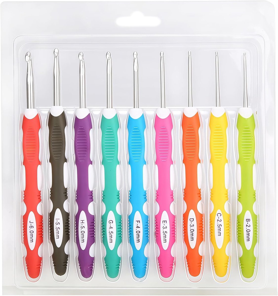 9 Stuks (1 Set) B tot J 2.0mm-6.0mm Ergonomische Haaknaalden Set met Lange Zachte Grip Handgrepen Breinaalden Haaknaalden Naaien Gereedschap voor Artritische Handen