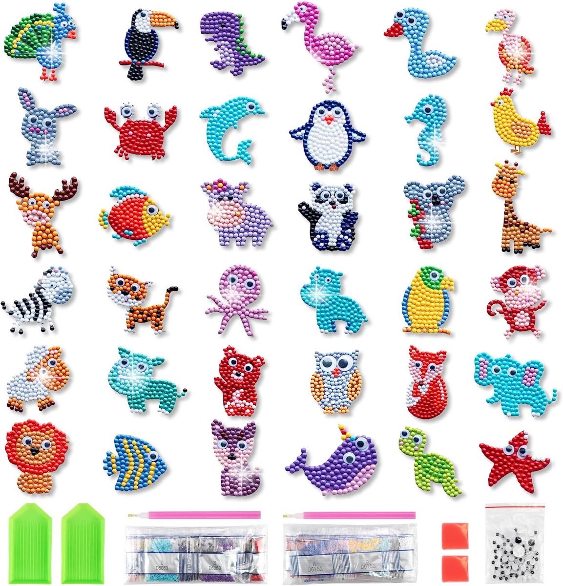 Painting stickers, doe-het-zelf 5D diamond painting, afbeeldingen, diamantpating voor kinderen, 36 stuks, kleine dieren, cartoon, diamanttekeningen voor kinderen vanaf 5 jaar, jongens, meisjes