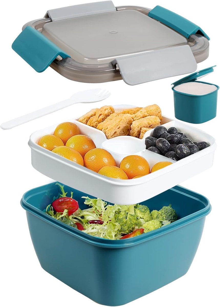 50 oz to Go Saladecontainer, lunchcontainer, BPA-vrij, 3-vaks voor saladetoppings en snacks, slakom met dressing container, ingebouwde herbruikbare lepel, magnetronbestendig (donkerblauw)