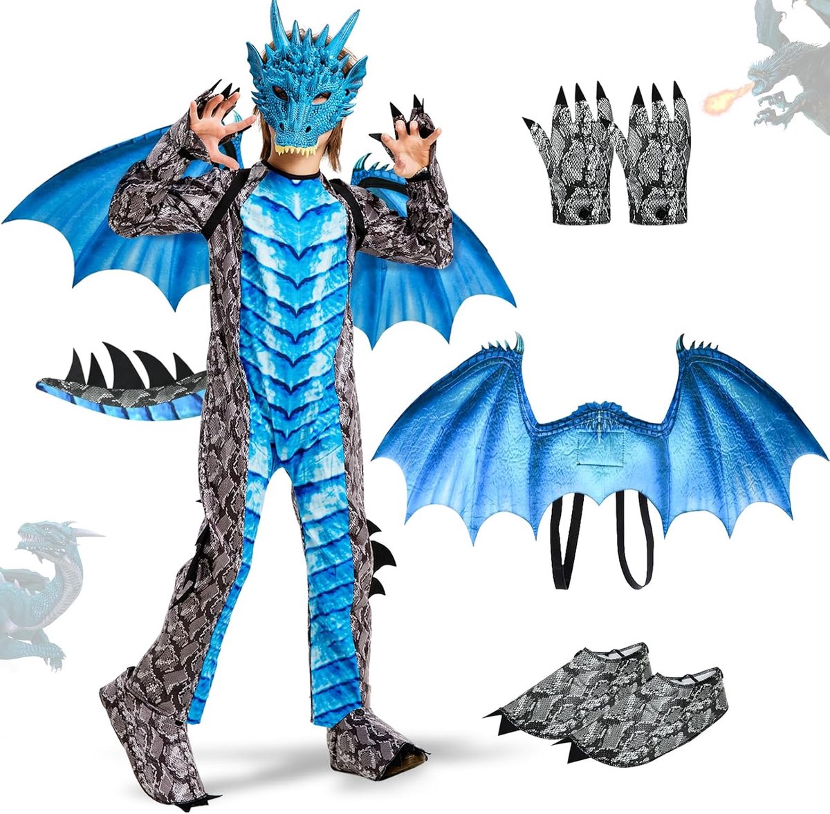 Drakenkostuum voor kinderen, carnavalskostuum voor kinderen, jongens, drakenkostuum, kinderset, met drakenvleugels, drakenmasker, carnavalskostuum, Halloween, voor jongens, cosplay