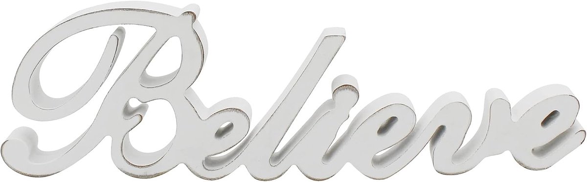 Rustiek vintage wit houten woorden bord vrijstaand "Believe" tafelblad/plank/thuismuur/kantoordecoratie kunst, 14-1/4 x 4-1/4 x 1 inch