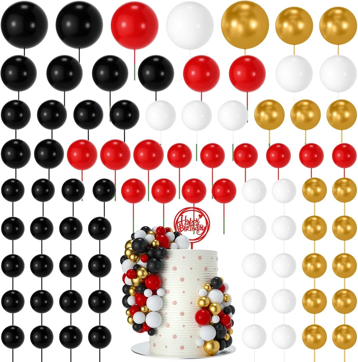 80 stuks mini-ballontaarttopperballen - schuimdecoraties voor verjaardagsfeesten, bruiloften, jubileum (zwart, rood, wit, goud)