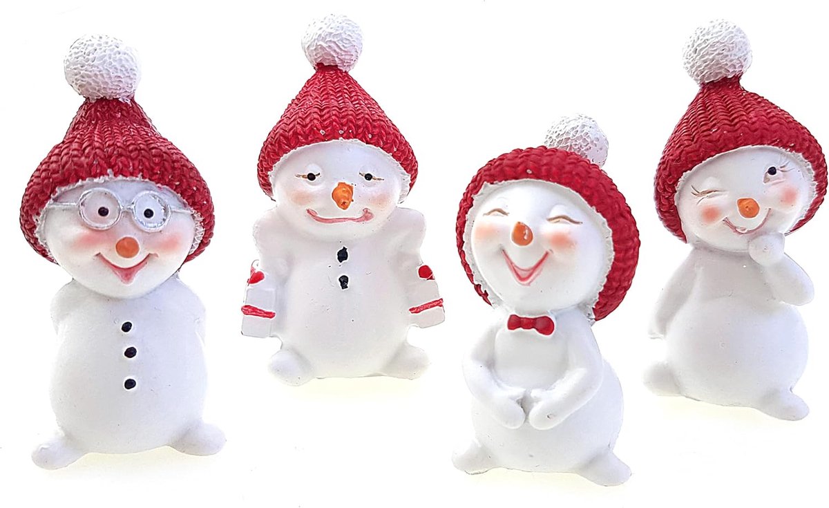 Set van 4 decoratieve sneeuwpopjes, 5 cm, klein, polysteen, wit en rood, decoratiefiguur, kransdecoratie, winterdecoratie, Kerstmis, sneeuwpoppen