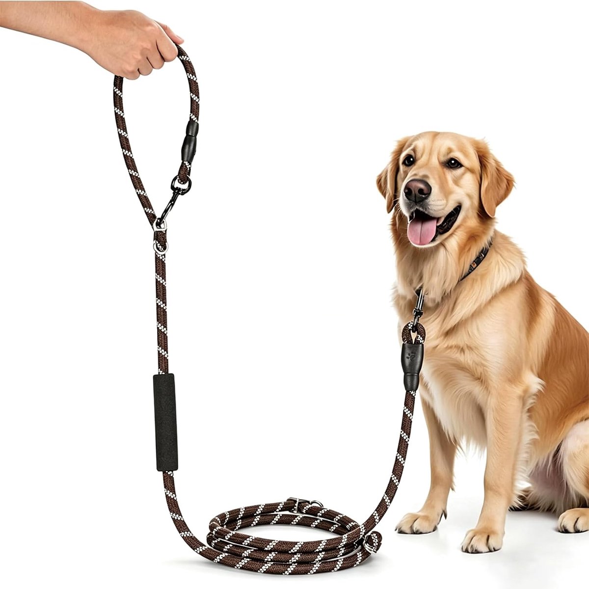 Hondenriem voor grote en middelgrote honden, verstelbare dubbele riem van nylon met 2 karabijnhaken en 3 ringen, 3 m x 15 mm, bruin