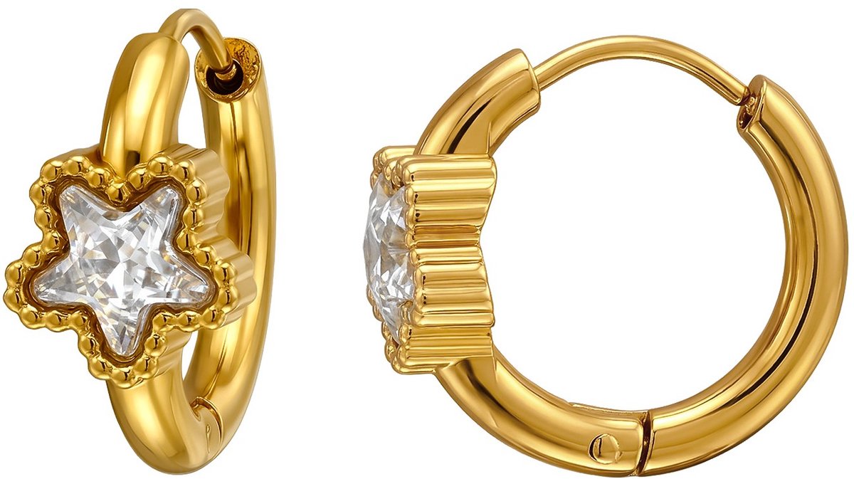 Joy Ibiza - ster oorbellen - zirkonia ster oorringen - 16 mm met klap scharnier sluiting - chirurgisch staal - ear party boho - bohemian style - ip/pvd goldplated t73