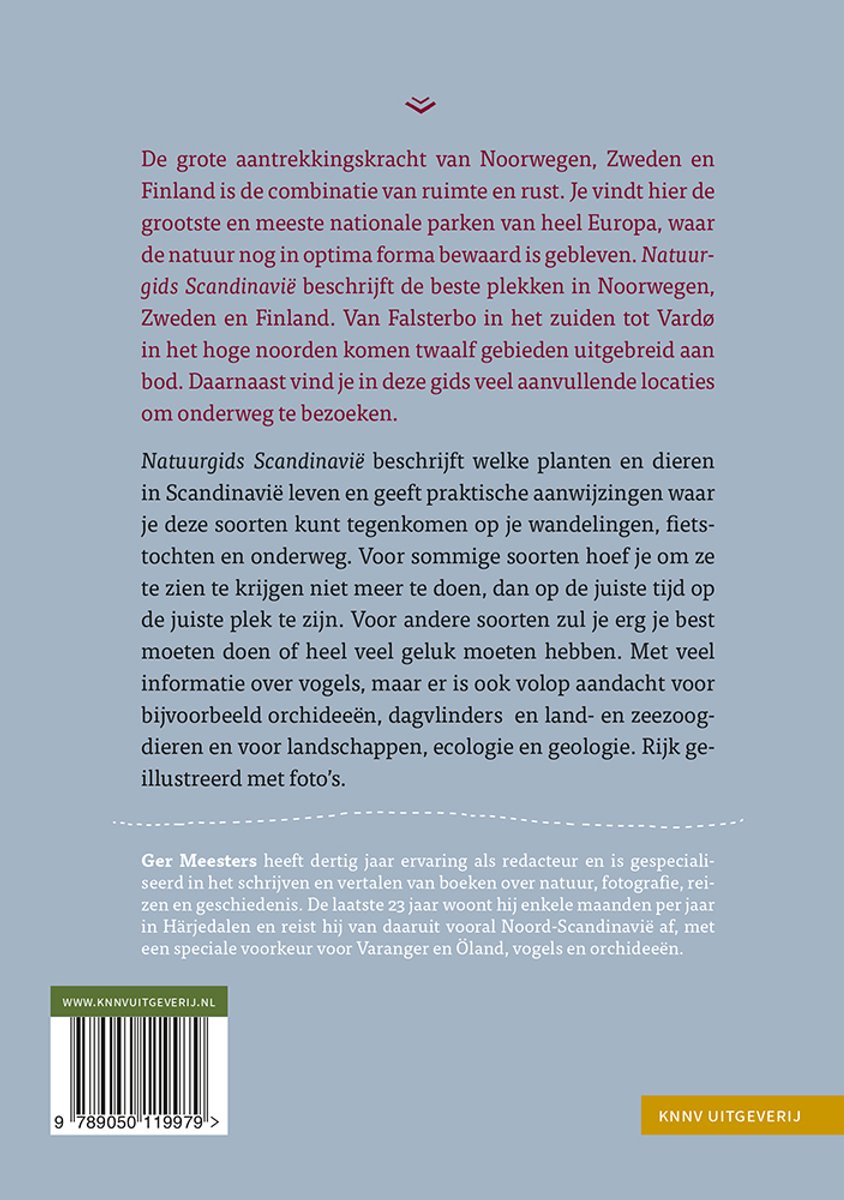Boekomslag met de titel Natuurgids Scandinavië, een kaart van Scandinavië en een groep alk-achtige vogels.