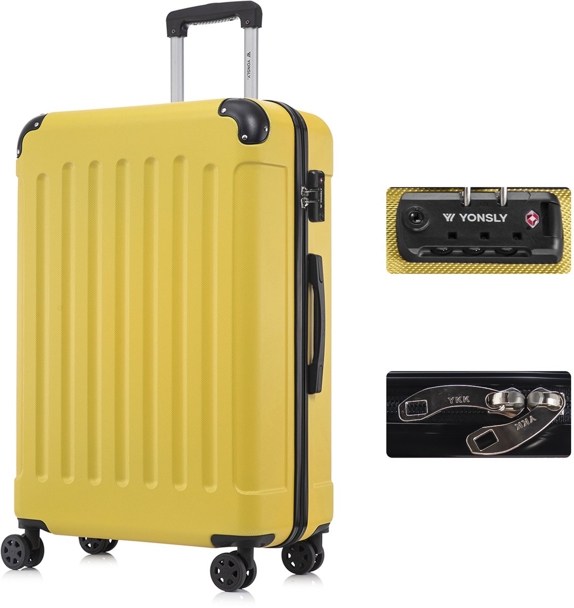YONSLY Handbagage Koffer - 76 x 49 x 29 cm - 98 L - TSA Slot - 360° Draaibare Wielen - Grote Trolley - Geel
