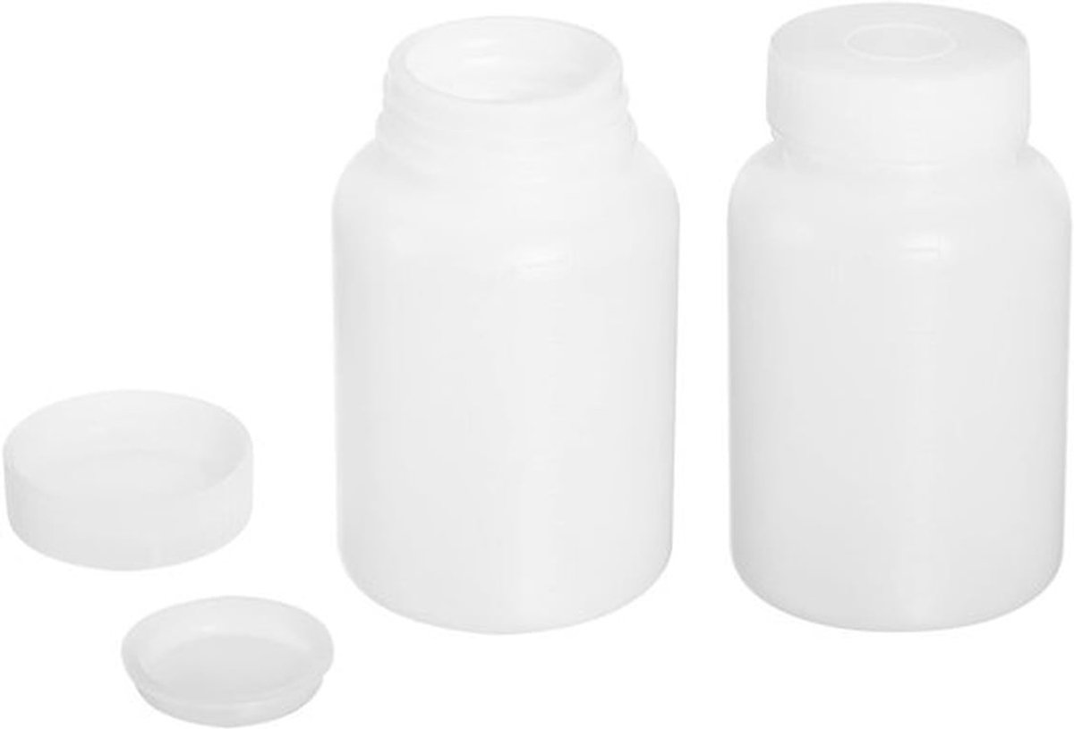 2 Stuks Chemische Opslagflessen met Dubbeldeksel en Schaal | Ideaal voor Laboratoria, Winkels en Fabrieken (Wit, 100 ML)