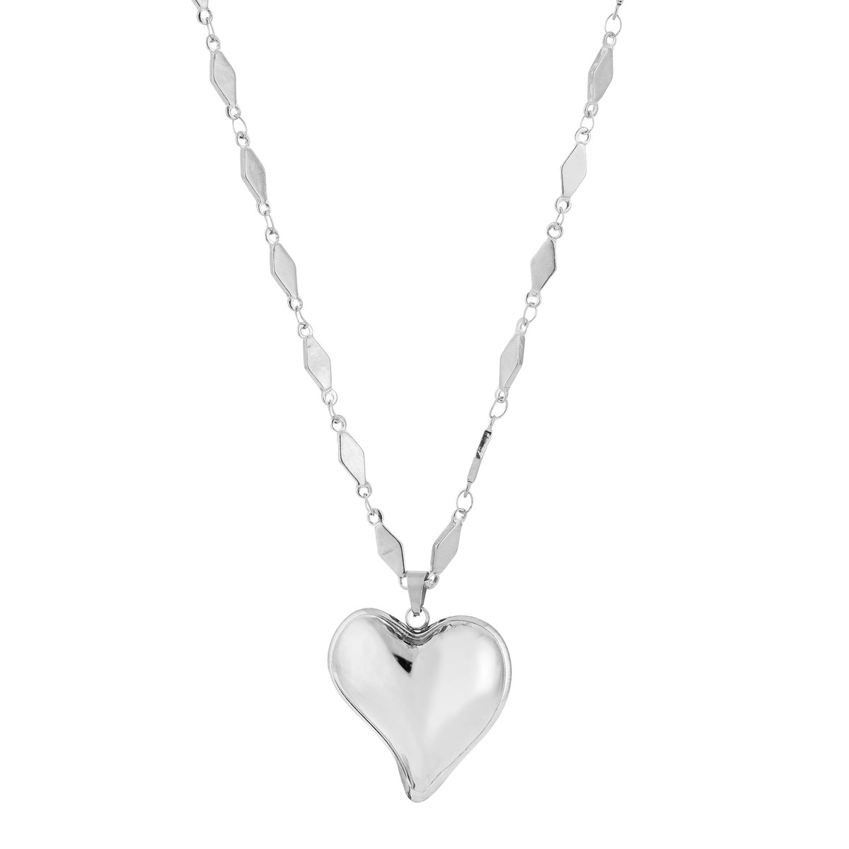 XL Puffed Heart Pendant Long Fancy Link Chain Necklace – Lange Ketting met XL Hart – RVS - Zilver