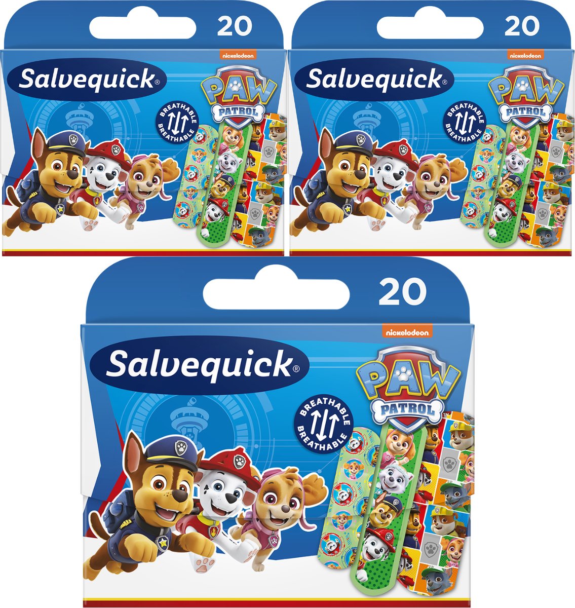 Salvequick Paw Patrol Kinderpleisters - 3 x 20 stuks - Hypoallergeen en Waterbestendig - Wondverzorging voor Kinderen