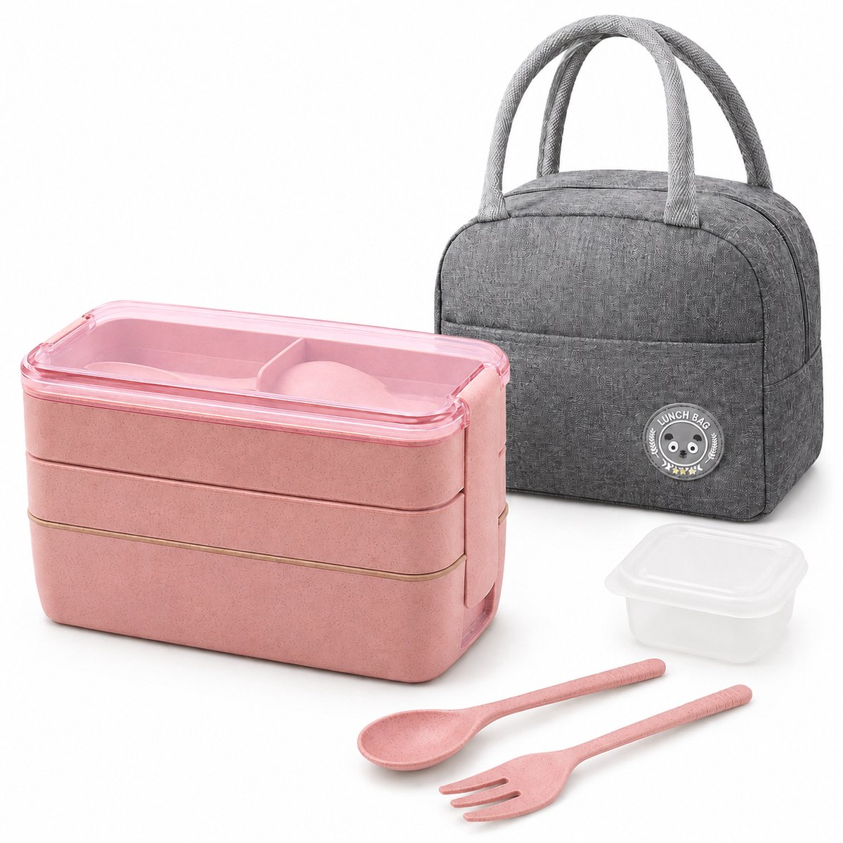 VHV - Lunchbox 900 ml - 3-Laagse Bento Lunchbox Set met Bestek, Sausbakje en Geïsoleerde Tas - Voor Werk, School en Picknick - Roze